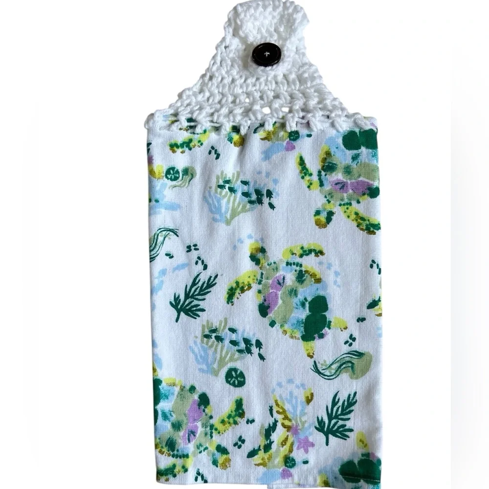 Hand Crafted Colorful Rainbow Turtle Print Hanging Hand Towel Crochet Top